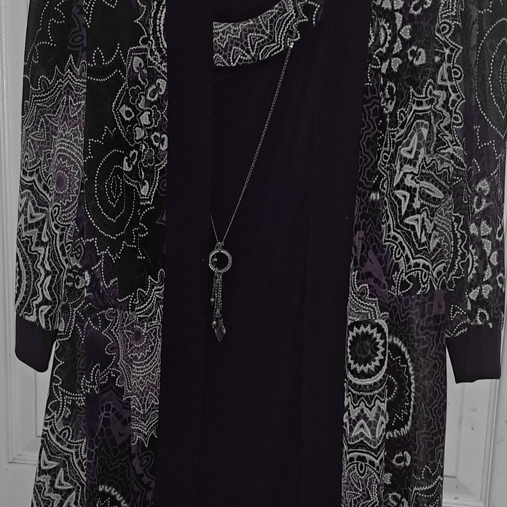 Black and Purple Patterned Dress with Necklace